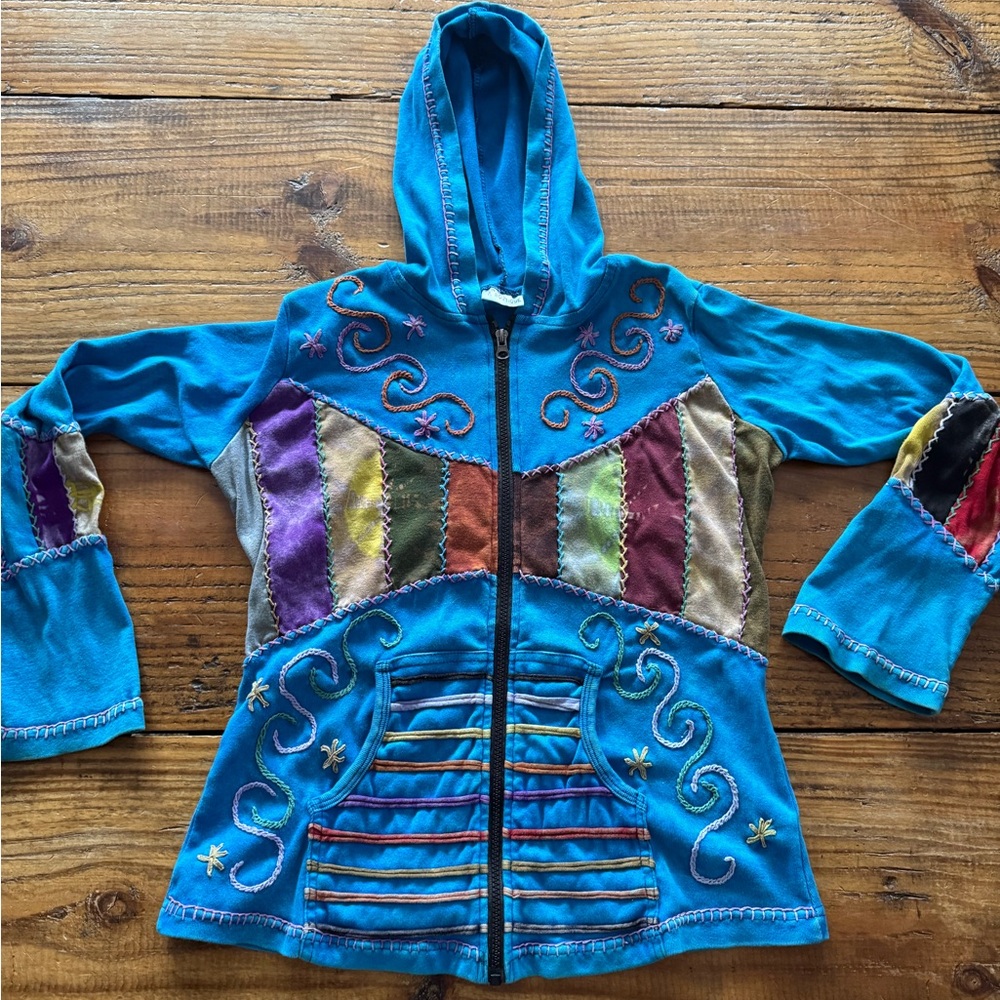 India Boutique Blue Patchwork Embroidered Cotton Boho Zip Hoodie Jacket M